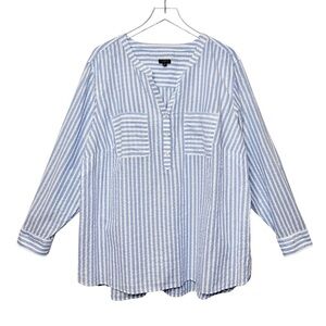 Talbots Seersucker Blue Stripe Metallic Lurex Side Button Women’s Tunic Sz 3X